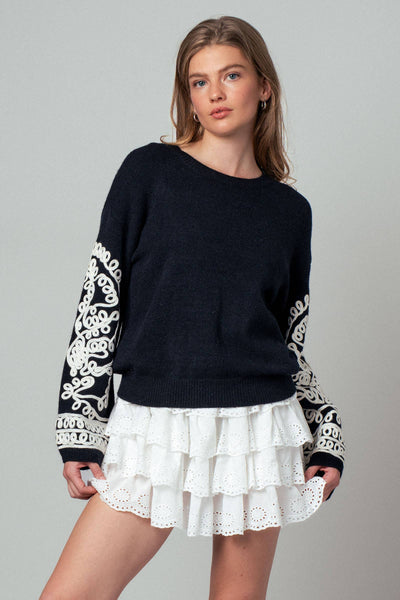 Embroidered Sleeve  Knit Sweater: BLACK IVORY