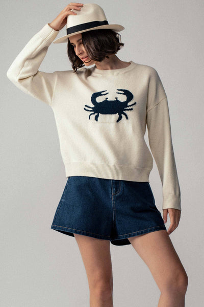 Crab Graphic Relaxed Knit Sweater: Ivory