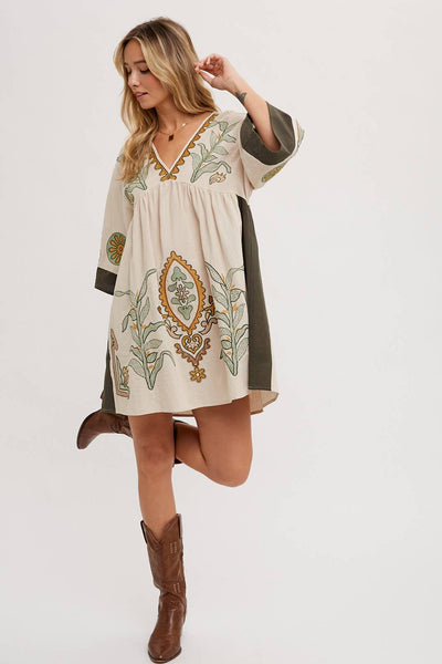 BOHO EMBROIDERED BABYDOLL DRESS: SAGE