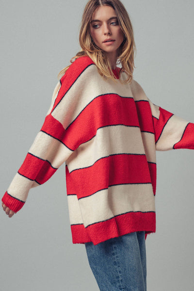 Oversized Rugby Stripe Knit Sweater: Red