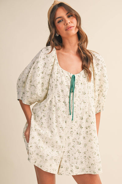 FLORAL SWISS DOT OVERSIZED PUFF SLEEVE ROMPER: CREAM/MINT