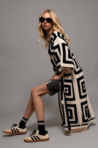 Geometric Crochet Midi Length Open Front Cardigan: BLACK