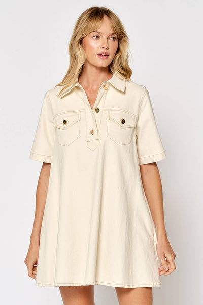 ILD4879 SHORT SLEEVE BUTTON DOWN SHIRT DRESS: CREAM / MEDIUM