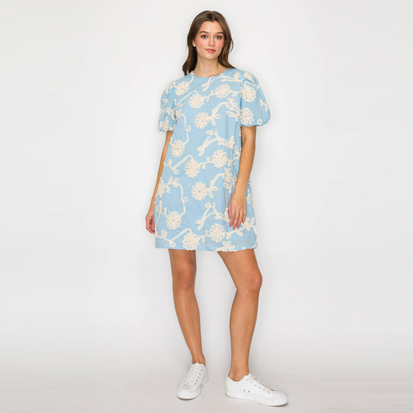 Baby Blue with White Rosette Detail Mini Dress: