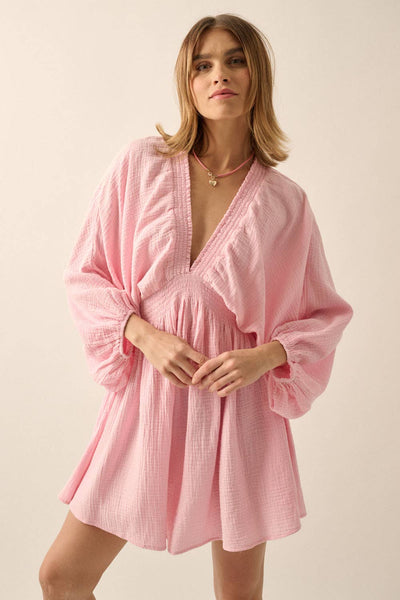 Crinkle Cotton V-neck Dolman-Sleeve Mini Dress: Soft Pink