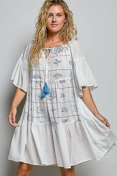 Round Neck 1/2 Sleeve Embroidered Cotton Woven Dress