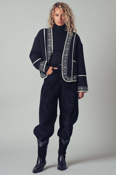 Boho Embroidered Quilted Western Cropped Jacket: BLACK IVORY / S-2/M-2/L-2