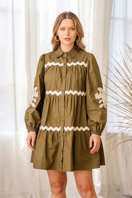 Solid Poplin Tired Shirt Mini Dress: Olive