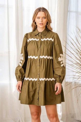 Solid Poplin Tired Shirt Mini Dress: Olive