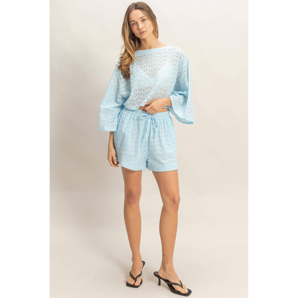 Eyelet Long Sleeve Top & Shorts Set: L.BLUE