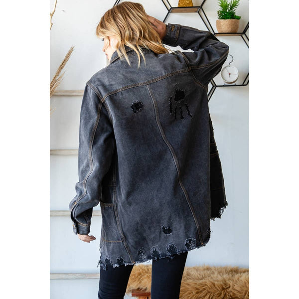 Distressed Denim Western Oversize Jacket: Black Wash