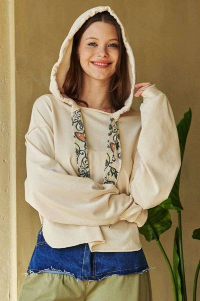 SOLID LONG SLEEVES PRINT TIE LOOSE FIT HOODIE TOP