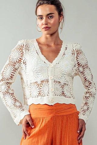 Romantic Floral Crochet Button Down Spring Cropped Cardigan