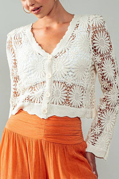 Romantic Floral Crochet Button Down Spring Cropped Cardigan