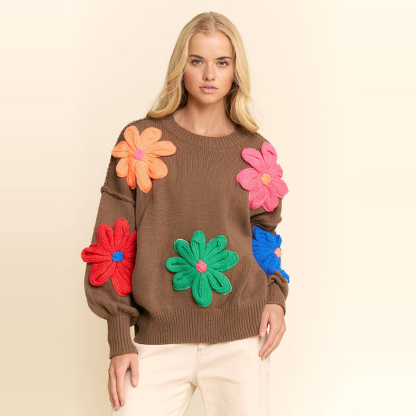 3D Floral Applique Crewneck Sweater: Mocha