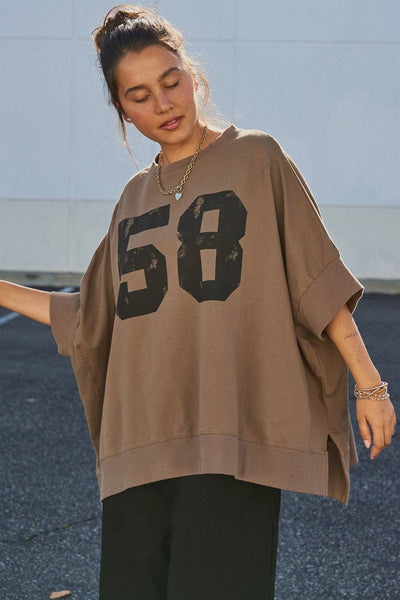 Retro Graphic Oversized French Terry Top: Brown / ONE SIZE