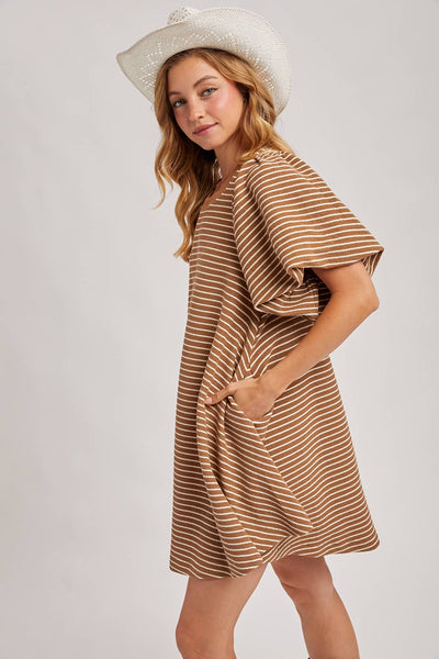 PUFF SLEEVES BILLOWY SILHOUETTE STRIPED DRESS: LATTE