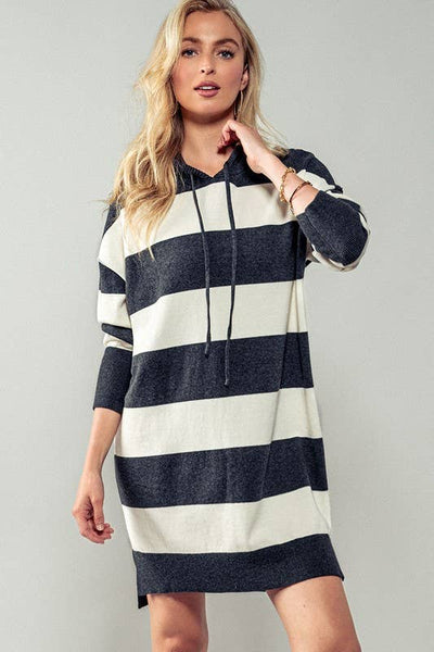 Snug and Striped Hooded Sweater Dress: CHARCOAL / S-2/M-2/L-2
