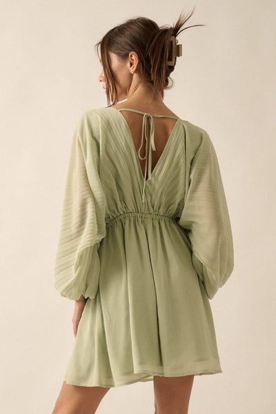 Solid Deep V Neck Chiffon Bishop Sleeve Mini Dress: Margarita /