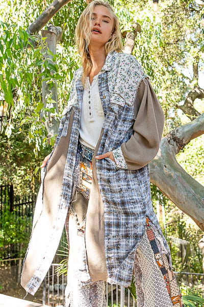 Balloon sleeve plaid floral contrast long placket jacket: OLIVE MULTI