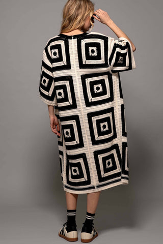 Geometric Crochet Midi Length Open Front Cardigan: BLACK