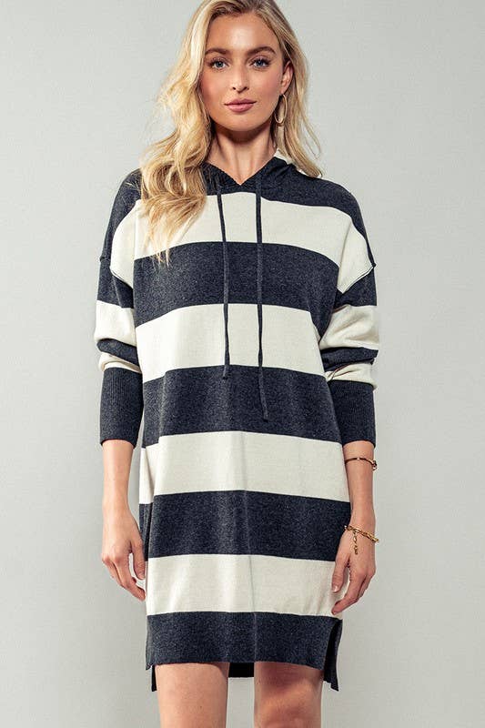 Snug and Striped Hooded Sweater Dress: CHARCOAL / S-2/M-2/L-2