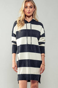 Snug and Striped Hooded Sweater Dress: CHARCOAL / S-2/M-2/L-2