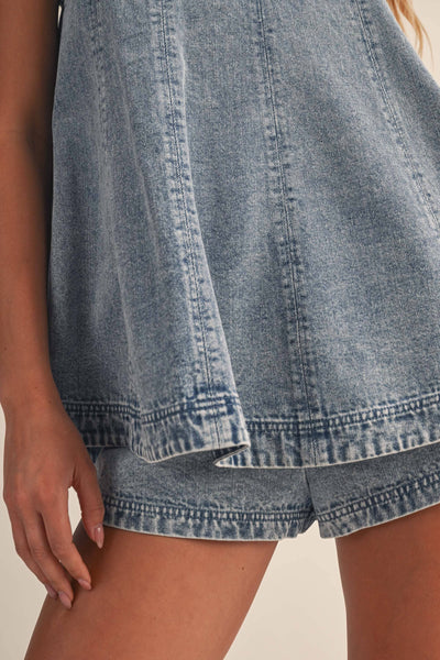 IST6095 DENIM LONGLINE SLEEVELESS TOP AND SHORTS SET: LT DENIM / M