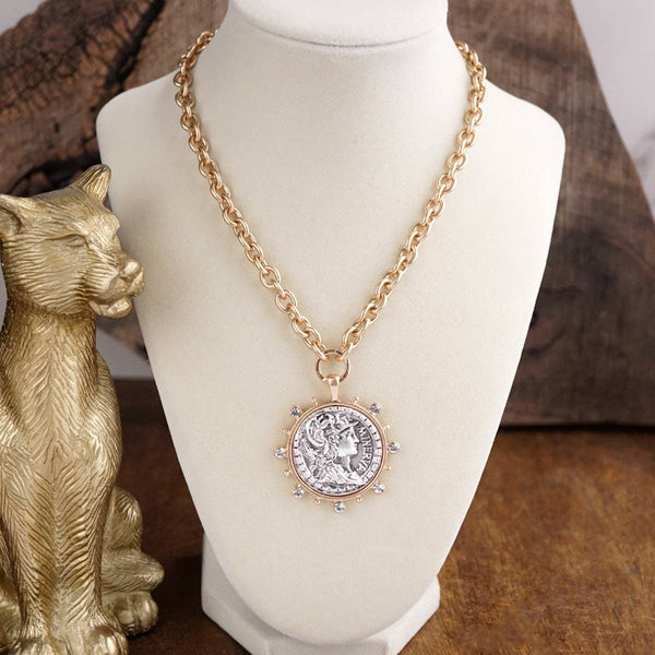 Radiant Relic – Coin Medallion Necklace with Crystal Halo: Gold Tone
