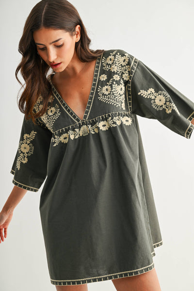 Embroidered Shift Dress with Deep V-Neckline: FOREST GREEN