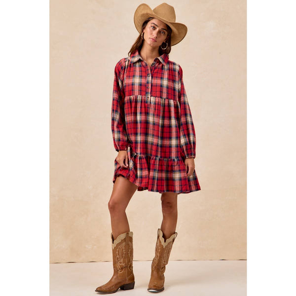 PLAID WOVEN SHRRING BUTTONED TIERED SHIRT DRESS: CAMEL MULTI / S