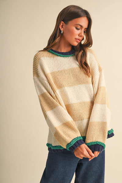 WIDE STRIPED SWEATER TOP: BEIGE MULTI