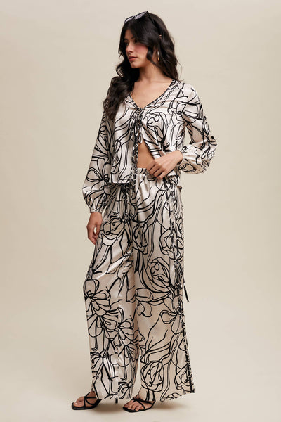 Bold Floral Print Satin Shirt Set