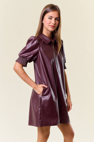 Faux Leather Mini Dress W/Side Pocket