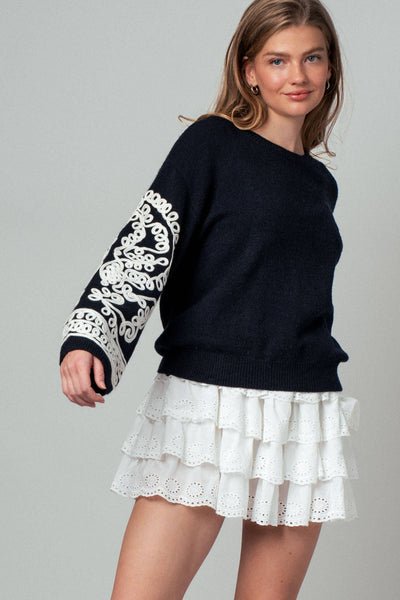 Embroidered Sleeve  Knit Sweater: BLACK IVORY