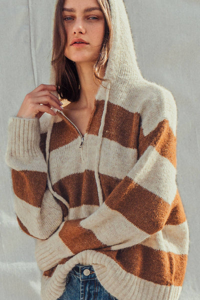 Striped Knit Hoodie – Half Zip, Relaxed Fit: IVORY CAMEL