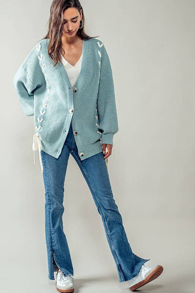 Oversized Heart Pattern Side Lace Up Ribbed Knit Cardigan: BLUE