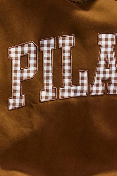 PILATES2  Embroidered "PILATES" Mock Neck Sweatshirt: Brown