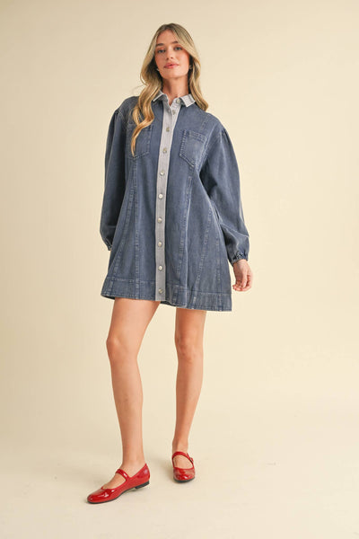 WASHED DENIM BUTTON DOWN FLARED MINI DRESS MDR3385: Indigo