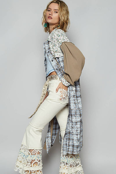 Balloon sleeve plaid floral contrast long placket jacket: OLIVE MULTI