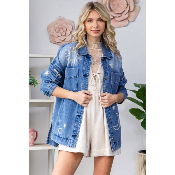 Embroidered Denim Jacket	: Medium Wash