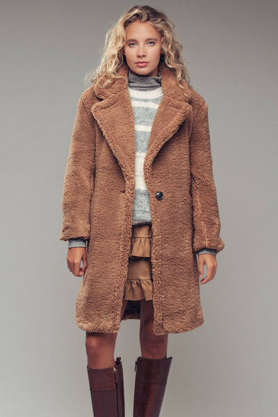 Cozy Longline Notched Lapel Teddy Coat: CAMEL