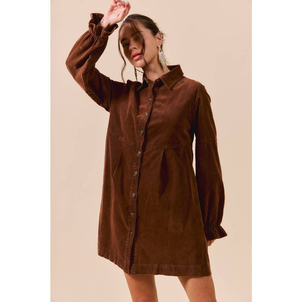 WASHED CORDUROY BUTTON DOWN SHIRT MINI DRESS: BROWN