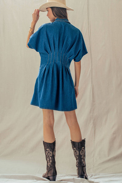 Tailored Waist Short Sleeve Denim Shirtdress: DENIM BLUE / S-M-L:2-2-2