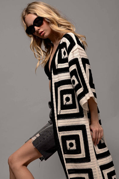 Geometric Crochet Midi Length Open Front Cardigan: BLACK