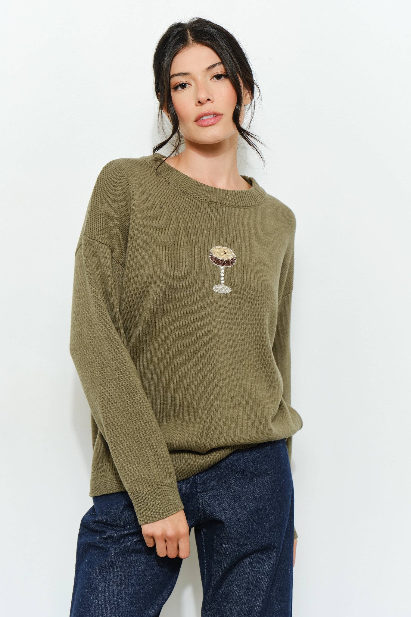 PERRI MARTINI BEADED SWEATER - Cozy, Oversized: Olive