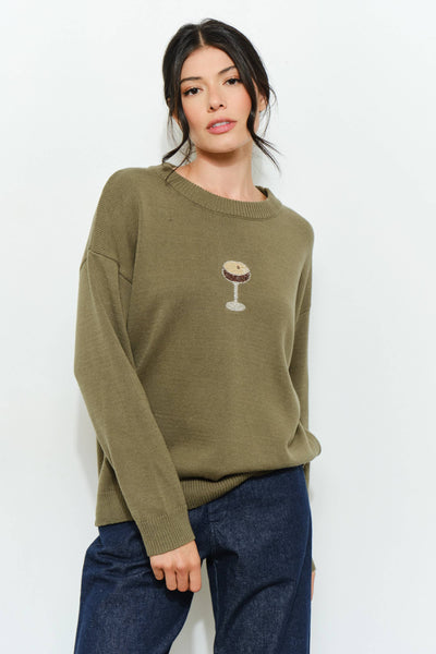 PERRI MARTINI BEADED SWEATER - Cozy, Oversized: Olive