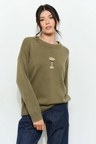 PERRI MARTINI BEADED SWEATER - Cozy, Oversized: Olive