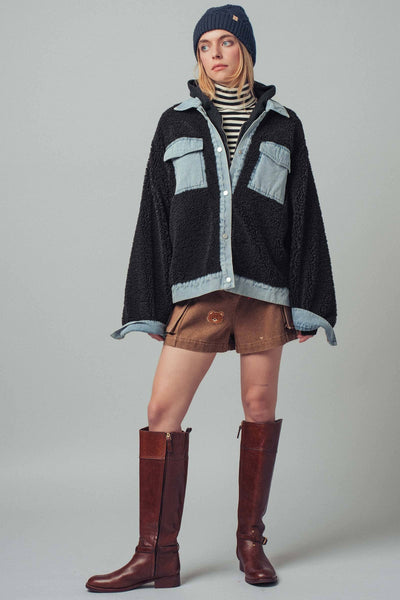 Denim Contrast Sherpa Mixed-Media Shacket: Black