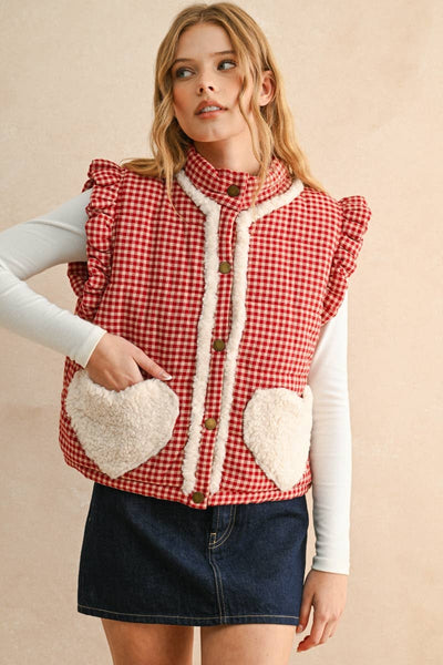 GINGHAM PATTERN SHERPA POCKET VEST: Red